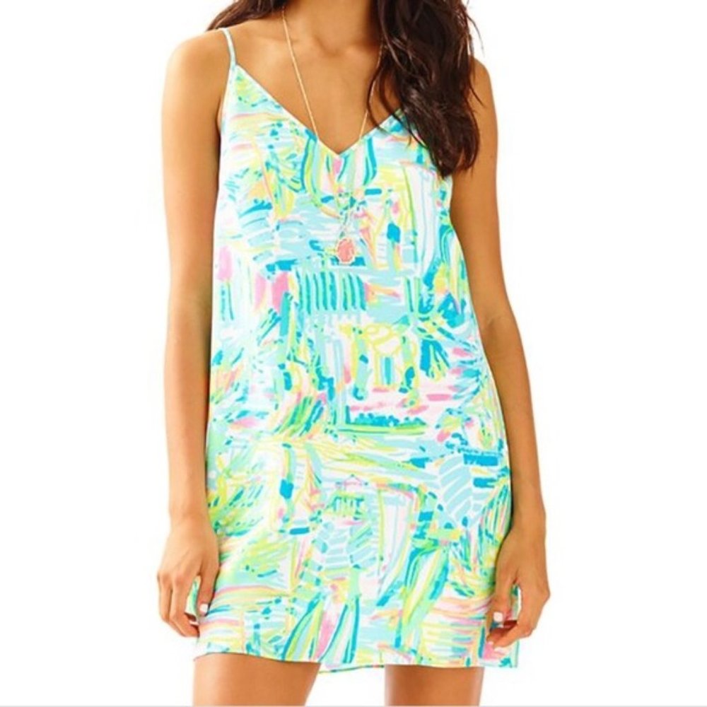 VEUC Sz M Lilly Pulitzer Lela Green Pink Turquoise Yellow Silk Dress